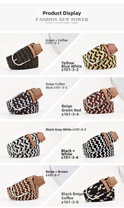 Vertical grid displaying eight colors of woven elastic belts with brown leather tabs