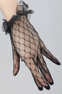 Detailed close-up of black lace mesh banquet gloves with elegant ruffled wrist trim