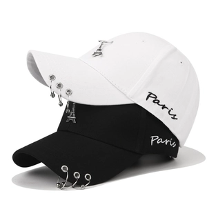 Black and white street style baseball caps with metal rings and Paris embroidery detail