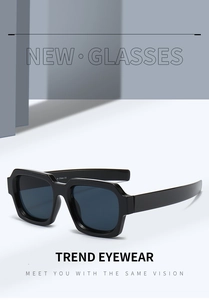Detail view of bold square frame sunglasses with thick temples and polished black finish