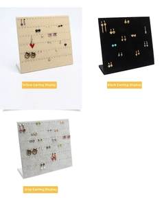 L-shaped jewelry display board in linen yellow and velvet black or grey finishes