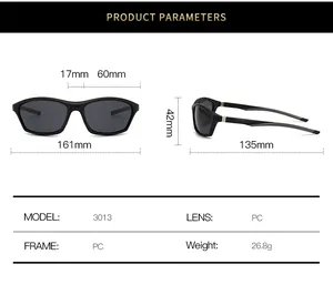 Detailed size chart for sports sunglasses showing dimensions and PC frame specifications