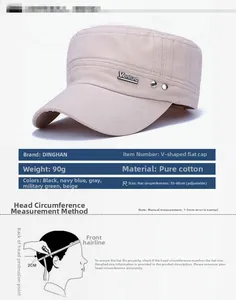 Detail of adjustable cotton military flat cap featuring side metal logo and sizing specifications