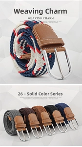 Detail of elastic braided belts with silver pin buckle and premium woven texture