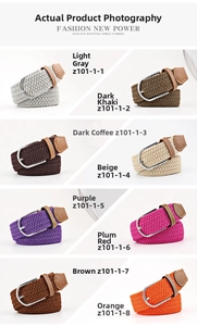 Detailed grid display of elastic woven belts in eight vibrant colors with metal pin buckles