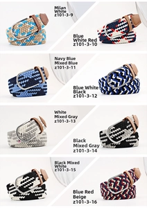 Multiple styles of stretch woven elastic belts with pin buckles and leather end details