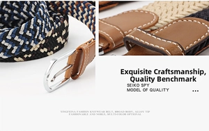 Detail of blue and white elastic woven belt with brown leather trim and silver alloy buckle