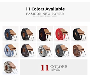 Detailed grid view of eleven different colored elastic woven belts with silver pin buckles