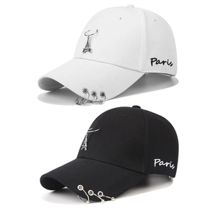 Harajuku baseball cap with Eiffel Tower pendant and metal rings in black and white colors