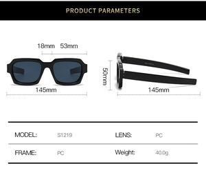 Detailed size dimensions and specifications for the S1219 black square frame sunglasses