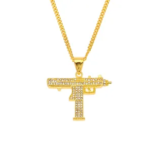 Collier Pendentif Mitrailleur Uzi Hip Hop Alliage Incrusté De Strass Chaîne Cubaine Bijoux Streetwear Hommes Femmes
