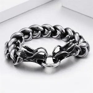Double Dragon Head Bracelet Men 316L Stainless Steel Punk Gothic Curb Chain Antique Silver Domineering Jewelry
