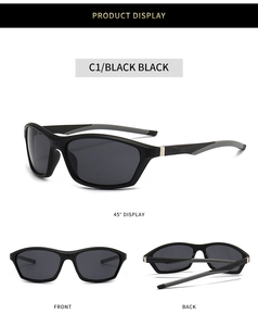Three-view display of black matte sports sunglasses with non-slip gray temples