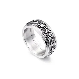 Vintage Men's Titanium Steel Ring Retro Embossed Vine Pattern Rotating Spinner Band Punk Gothic Jewelry