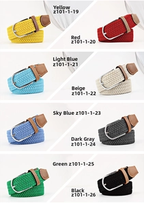 Detailed grid view of stretch woven belts in eight colors including red, blue and yellow