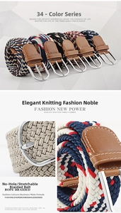 Close-up of elastic braided belt featuring multicolor patterns and durable alloy buckle
