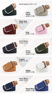 Detailed grid of ten elastic woven belts showing various colors and textures with silver buckle