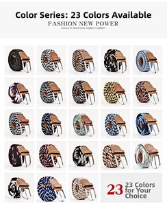 Elastic woven belt collection in 23 colors with metal buckle and leather end detail
