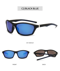 Three-angle view of sports sunglasses with black blue frames and blue polarized lenses