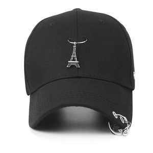 Black cotton baseball cap featuring Eiffel Tower pendant and triple ring brim decoration