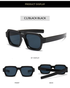 Detailed multi-angle view of black square frame sunglasses with thick glossy temples