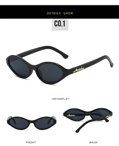 Detailed views of black cat-eye sunglasses with golden temple logo and smooth frame lines