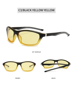 Three-view layout of black and yellow sports sunglasses with vibrant yellow lenses for cycling