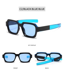 Front and back views of square black frames with light blue lenses and two-tone temples