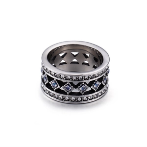 Mens hollow silver stainless steel ring featuring blue square and white round zircons