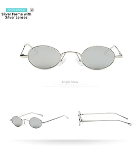 Detailed views of steampunk oval silver metal sunglasses with mirror lenses at multiple angles