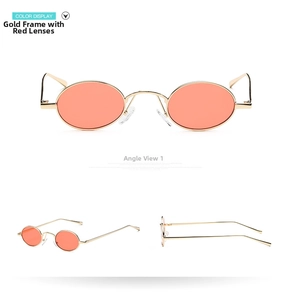 Steampunk oval gold metal sunglasses with transparent red lenses in three perspectives