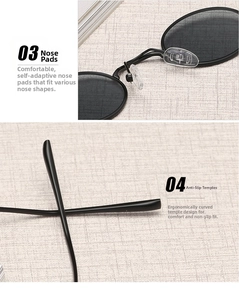 Detail of soft silicone nose pads and ergonomic anti-slip temples on oval sunglasses