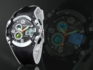 Dettaglio dell'orologio sportivo OHSEN con doppia visualizzazione e retroilluminazione LED