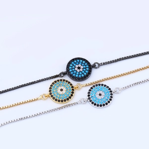 Adjustable Evil Eye box chain bracelets in gold, silver, and black finish with zircon