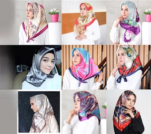 Detailed grid view showcasing various ethnic paisley and floral printed satin silk scarves