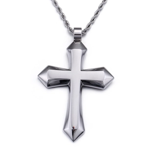 Polished stainless steel cross pendant necklace with a 3D faceted metallic finish