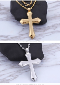 Detailed view of 3D cross pendants in gold and silver finish with twist chains