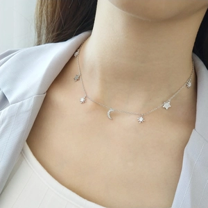 Star Moon Pendant Necklace 925 Sterling Silver Sparkling Zirconia Elegant Layered Choker Jewelry For Women