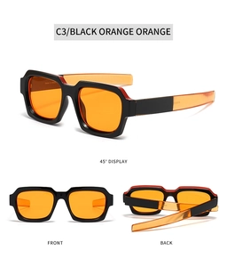 Detailed views of square black frames with orange lenses and bicolor temples for fashion sunglasses