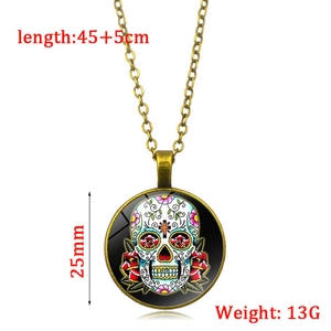 Mexican sugar skull glass gem pendant necklace with floral design on 45+5cm silver chain