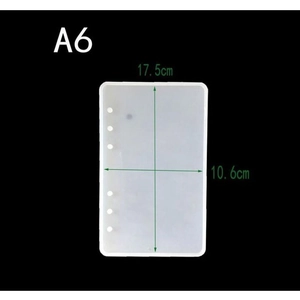 Macro shot of A6 size silicone notebook mold with 6 holes and dimensional measurements