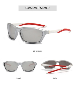 Three-way view of silver sport sunglasses showing front, back, and 45-degree angles