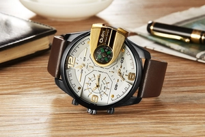Vue rapprochée de la montre à quartz Oulm multi-fuseaux avec bracelet en cuir marron