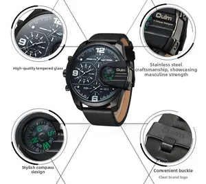 Détails du cadran avec boussole et boucle polie sur la montre de sport à quartz