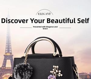 Elegant black lychee textured handbag with gold metal handle and floral pearl accents