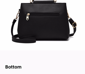 Detail view of black lychee leather bag back with golden heart-shaped zipper pocket