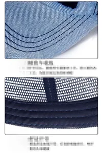 Dettaglio della visiera in denim blu chiaro con cuciture e tessuto a rete blu scuro del cappello