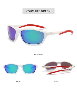 Detailed multi-angle views of white sports sunglasses with green mirrored lenses
