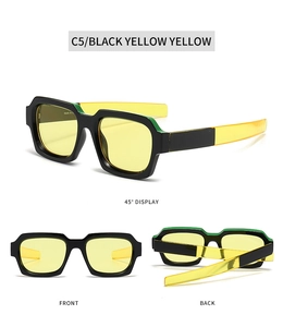 Detailed views of square frame sunglasses with black frames and yellow lenses from three angles
