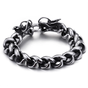 Men's retro stainless steel double dragon head bracelet with thick Cuban chain link